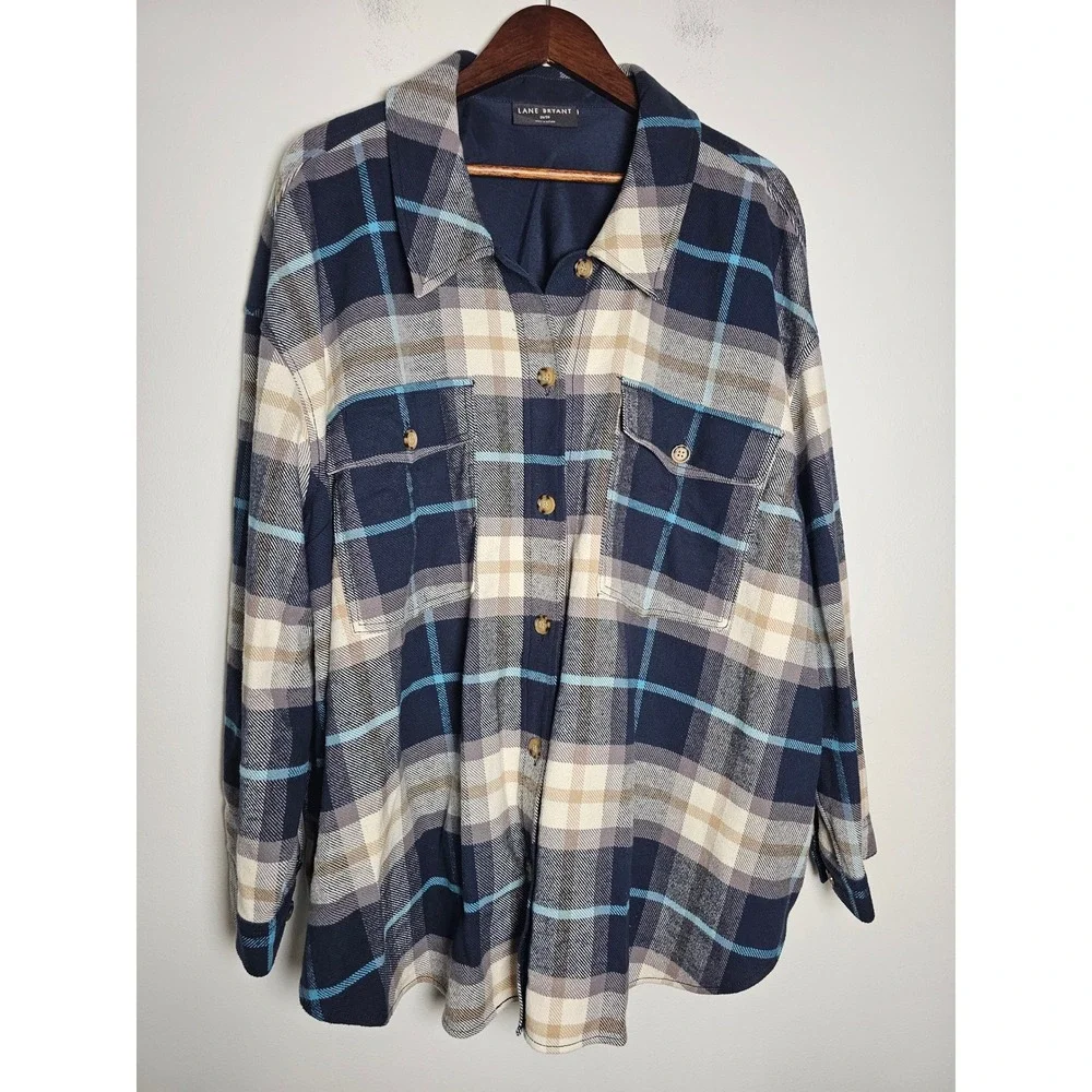 [Cabincore] Lane Bryant Flannel Shirt Womens 26/28 Blue Plaid Cotton Button Down